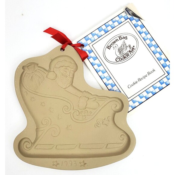 Brown Bag Cookie Art Stoneware Mold Santa Sleigh Design Recipe Booklet VTG 1993 - Picture 2 of 7